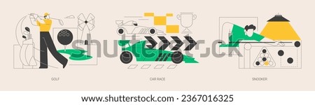 Professional sport abstract concept vector illustration set. Golf, car racing and snooker, extreme driving, mini golf championship, country club, pool game, biliard cue stick, race abstract metaphor.