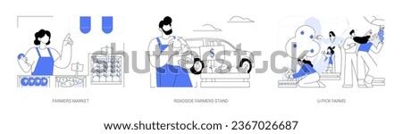 Farm products selling abstract concept vector illustration set. Farmers local market, roadside farmers stand with fresh and organic vegetables, u-pick farms, agribusiness abstract metaphor.