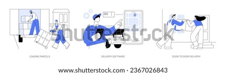 Delivery company abstract concept vector illustration set. Loading parcels in truck, delivery smartphone app software, door-to-door express shipment, receive order, courier service abstract metaphor.