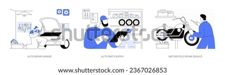 Auto repair services abstract concept vector illustration set. Repair garage, auto parts supply, motorcycle fixing service, repairman checks engine, personal transport maintenance abstract metaphor.