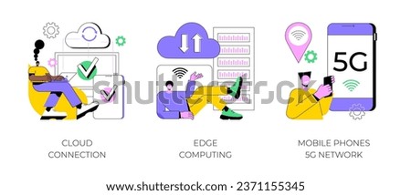 Online data transfer abstract concept vector illustration set. Cloud connection, edge computing, mobile phones 5G network, database connection, local data storage, 5G technology abstract metaphor.