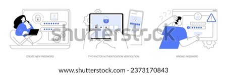 Password management isolated cartoon vector illustrations set. Man with laptop create password, two-factor authentication verification, wrong login info, access blocked, data loss vector cartoon.