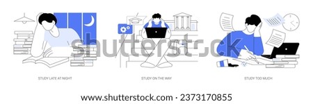 Preparing for exams isolated cartoon vector illustrations set. Study late at night, prepare for college classes on the way, nerd student study hard, pile of books, make homework vector cartoon.