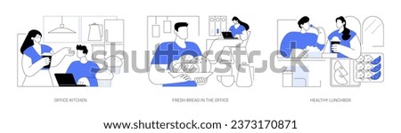 Lunchtime at work isolated cartoon vector illustrations set. Office kitchen, fresh bread in a smart office, healthy lunchbox, modern workplace nutrition, colleagues eating together vector cartoon.