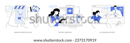Online banking services isolated cartoon vector illustrations set. Making mobile payments online, chatbot assistant, 24 for 7 banking support, financial software for smartphones vector cartoon.