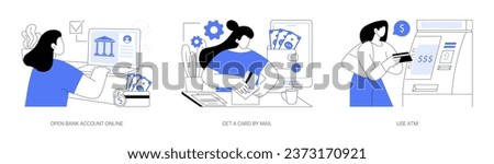 Plastic card holder isolated cartoon vector illustrations set. Open bank account online using laptop, get a card by mail, use ATM, money management, financial literacy vector cartoon.