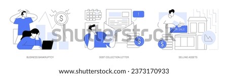 Business liquidation isolated cartoon vector illustrations set. Disappointed business owner sad about company bankruptcy, upset man holds debt collection letter, selling assets vector cartoon.