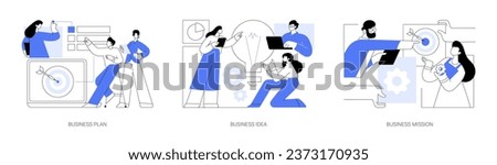 Business development isolated cartoon vector illustrations set. Diverse people discussing business plan, brainstorm startup idea, create company vision, entrepreneur develop mission vector cartoon.