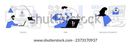 Computer network attack isolated cartoon vector illustrations set. IT specialist detect phishing problem, person getting many spam emails, malicious attachment in mail, cyber attack vector cartoon.
