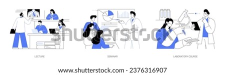 Medical college classes isolated cartoon vector illustrations set. Lecture and seminar, laboratory course, teaching assistant to medical students, university educational process vector cartoon.