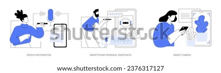Artificial Intelligence technology use isolated cartoon vector illustrations set. Speech recognition app, smartphone personal voice assistants, smart camera, machine learning vector cartoon.