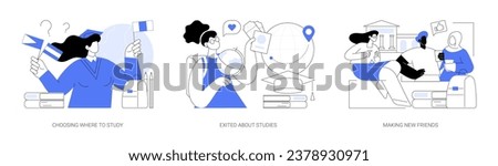 Study abroad isolated cartoon vector illustrations set. Choosing country, exited young person holding tickets, get scholarship, university exchange program, diverse students vector cartoon.