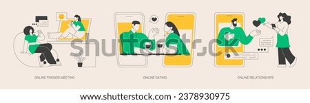 Social connection abstract concept vector illustration set. Online friends meeting, dating and relationships, video call, zoom conference, social distancing, leisure time, meeting abstract metaphor.