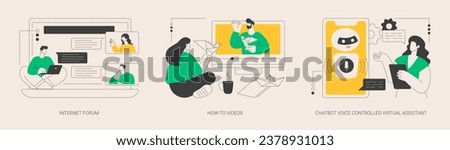 Web services abstract concept vector illustration set. Internet forum, how-to videos, chatbot voice controlled virtual assistant, chat message, interactive online learning abstract metaphor.