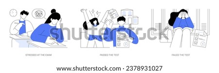 Exams isolated cartoon vector illustrations set. Stressed teenager trying to remember information, happy students passes the test, young person sad about failing at examination vector cartoon.