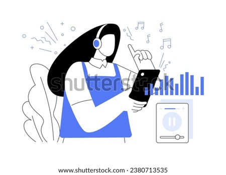 Music apps abstract concept vector illustration. Attractive girl in headphones listening to music with smartphone, IT technology, application development, create playlist abstract metaphor.