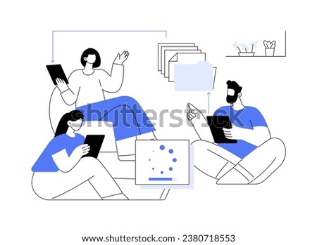 Sharing documents online abstract concept vector illustration. Group of people with tablets sharing files online, smart business technology, company teamwork organization abstract metaphor.