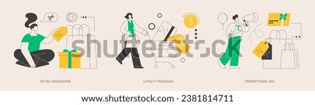 Customer attraction abstract concept vector illustration set. Retail markdown, loyalty program, promotional mix, selling strategy, coupon special discount, in-store sale, low price abstract metaphor.