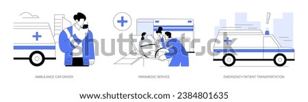 Ambulance vehicle abstract concept vector illustration set. Ambulance car with flashing lights on the road, paramedic service, emergency patient transportation, healthcare abstract metaphor.