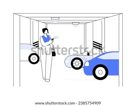 Underground parking garage abstract concept vector illustration. Young woman locks her car in underground parking garage, personal transport owner, basement building abstract metaphor.