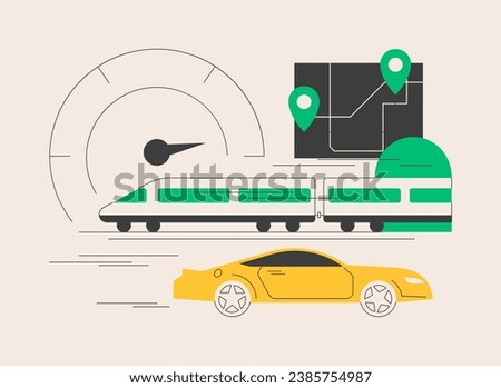 High-speed transport abstract concept vector illustration. High-speed rail, passenger transport, railway station platform, luxury car, rides on road, modern electric train abstract metaphor.