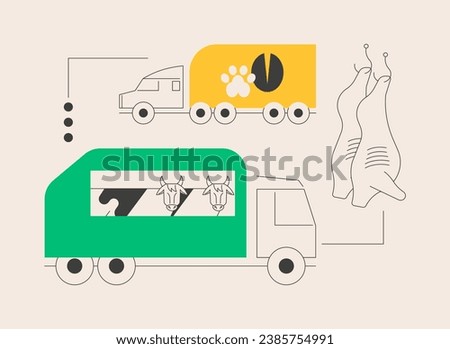 Transport of animals abstract concept vector illustration. Animal transport, inside plastic cage, horses in transit, truck trailer on countryside, flock of sheep, slaughterhouse abstract metaphor.