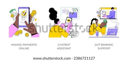 Online banking services isolated cartoon vector illustrations set. Making mobile payments online, chatbot assistant, 24 for 7 banking support, financial software for smartphones vector cartoon.