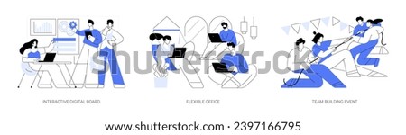 Teamwork and collaboration isolated cartoon vector illustrations set. Diverse people use interactive digital board, working with laptop in flexible office, attend team building event vector cartoon.