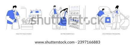 Grocery shopping isolated cartoon vector illustrations set. Healthy food choice, choose fruit and vegetable in supermarket, buying essentials, eco-friendly packaging, zero-waste bag vector cartoon.