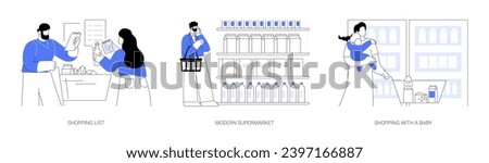 Grocery store isolated cartoon vector illustrations set. Couple buying food in modern supermarket, reading shopping list, young mother shopping for groceries, baby sitting in cart vector cartoon.