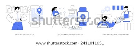 Smartwatch use isolated cartoon vector illustrations set. Built-in gps, navigation app, person listen to music, gadget with wireless connection, making contactless payment with watch vector cartoon.