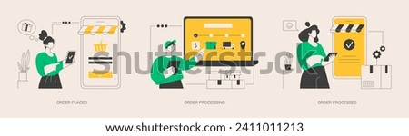 Online store purchase abstract concept vector illustration set. Order placed and processed, shipping conditions, customer service, courier service, retail shopping and delivery abstract metaphor.