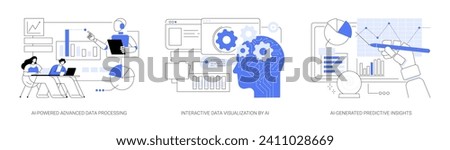 AI-Powered Data Analysis abstract concept vector illustration set. AI-Powered Advanced Data Processing, Interactive Data Visualization by AI, AI-Generated Predictive Insights abstract metaphor.