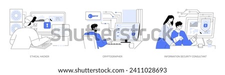 Information technology security isolated cartoon vector illustrations set. Ethical hacker deals with penetration testing, cryptographer develop ciphers, cybersecurity consultant vector cartoon.