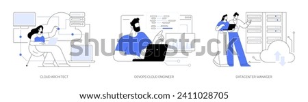 Cloud engineering isolated cartoon vector illustrations set. Cloud security architect, DevOps engineer, edge computing, data center manager with laptop discuss problem, IT industry vector cartoon.