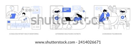 AI technology in Healthcare abstract concept vector illustration set. AI-Analyzed Patient Health Monitoring, AI-Powered Healthcare Chatbots, AI-Enhanced Telemedicine chatbots abstract metaphor.