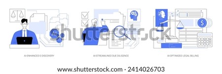 AI Technology for Legal Services abstract concept vector illustration set. AI-Enhanced E-Discovery, case narrative, AI-Streamlined Due Diligence, AI-Optimized Legal Billing abstract metaphor.