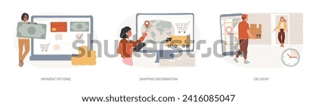 E-commerce website order processing isolated concept vector illustration set. Payment options, shipping information, delivery, shopping cart, online banking, international delivery vector concept.