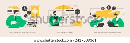 Governmental support for quarantined worker abstract concept vector illustration set. Paid leave, employment insurance, wage subsidy for business employee, sickness benefits support abstract metaphor.