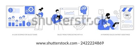 Artificial Intelligence in Sales abstract concept vector illustration set. AI-Lead Scoring for Sales Teams, Sales Trend Forecasting with AI, AI-Powered Sales Chatbot Assistance abstract metaphor.