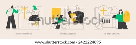 Religious doctrine abstract concept vector illustration set. Christian pilgrimages, theological lectures, atheistic worldview, church fathers, monks in monastery, prayer to god abstract metaphor.