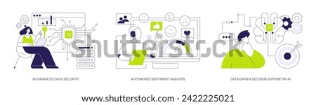 AI in Big Data abstract concept vector illustration set. AI-Enhanced Data Security, AI-Powered Sentiment Analysis, Data-Driven Decision Support by AI, threat analysis abstract metaphor.