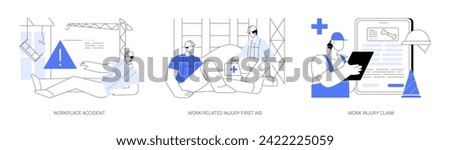 Work-related injuries and illnesses abstract concept vector illustration set. Workplace accident, work-related injury first aid, claim document, occupational medicine for employees abstract metaphor.