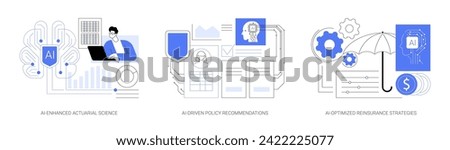AI for Insurance Companies abstract concept vector illustration set. AI-Enhanced Actuarial Science, AI-Driven Policy Recommendations, AI-Optimized Reinsurance Strategies abstract metaphor.
