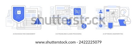 AI in Insurance abstract concept vector illustration set. AI-Enhanced Risk Assessment and evaluation, AI-Streamlined Claims Processing, damage assessment, AI-Optimized Underwriting abstract metaphor.