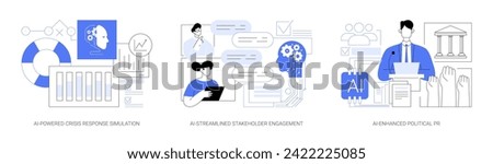AI-powered PR abstract concept vector illustration set. AI-Powered Crisis Response Simulation, AI-Streamlined Stakeholder Engagement, AI-Enhanced Political PR and campaigns abstract metaphor.