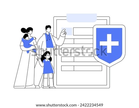 Family health insurance isolated cartoon vector illustrations. Family with kids sign documents to obtain medical insurance, health care, legal service, meeting with specialist vector cartoon.