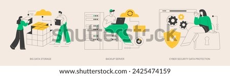 Data backup software abstract concept vector illustration set. Big data storage, backup server, cyber security data protection, remote server, protection from cyberattack abstract metaphor.