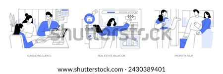 Full-service real estate firm isolated cartoon vector illustrations set. Broker consulting client in the office, real estate valuation, comparative market analysis, B2B property tour vector cartoon.