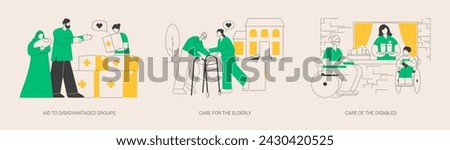 Help vulnerable people abstract concept vector illustration set. Aid to disadvantaged groups, care for elderly and disabled, volunteer help, retired people, nursing home, shelter abstract metaphor.